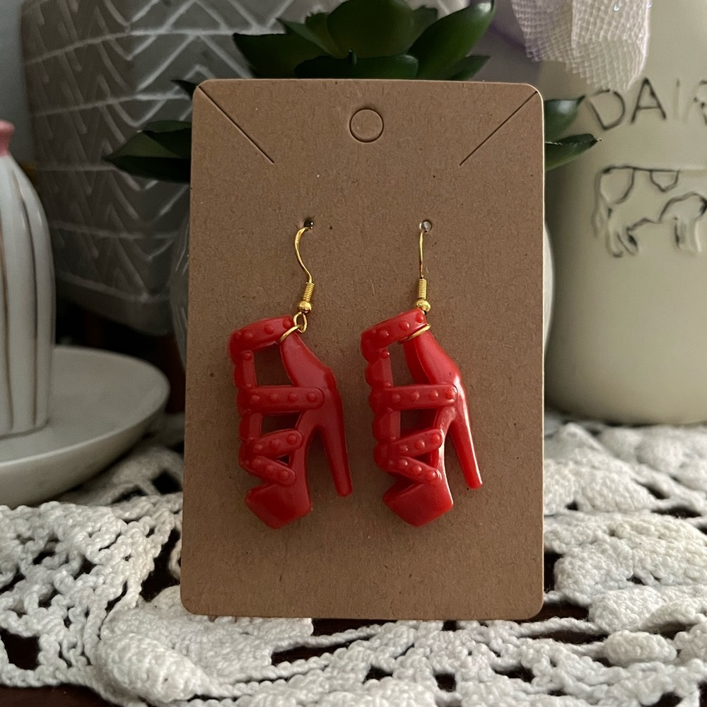 *3 for $20* Red Studded Heeled Sandal Barbie Shoe Earrings